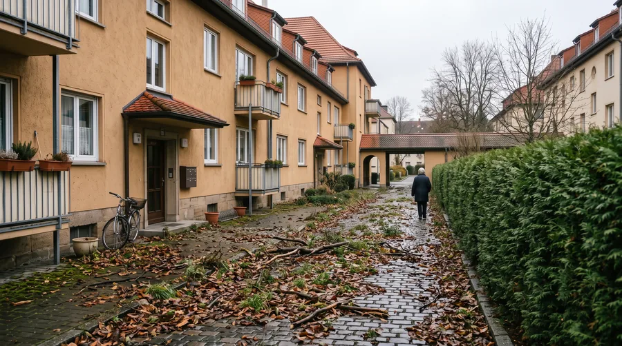Hof mit Laub und Verschmutzung vor der Reinigung