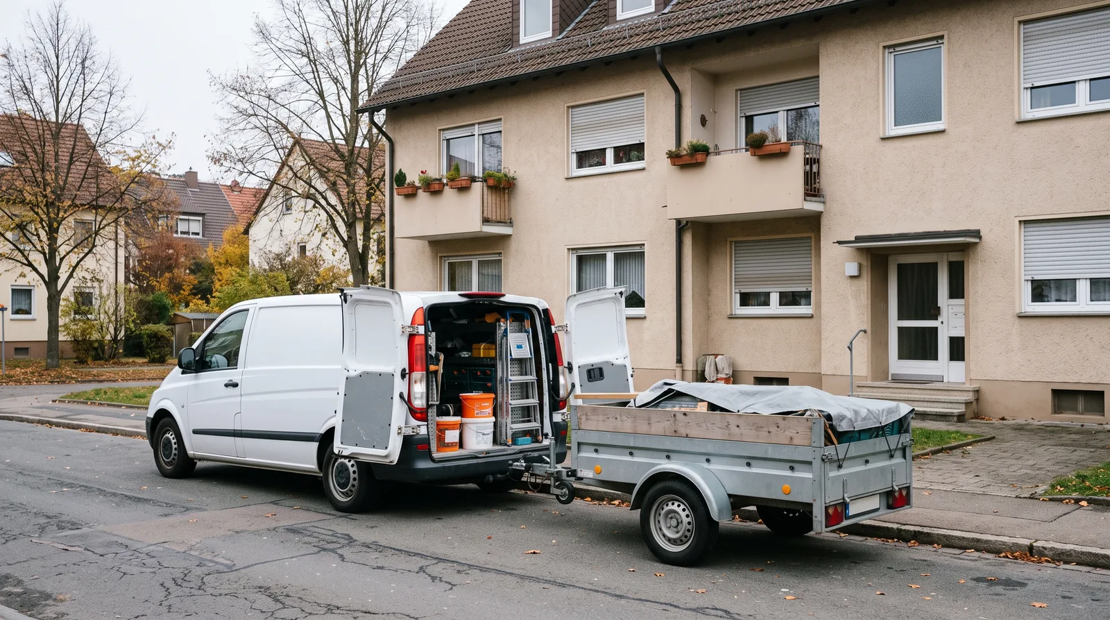 Fahrzeug und Anhänger von Bavaria Haus Service vor einem Wohnobjekt